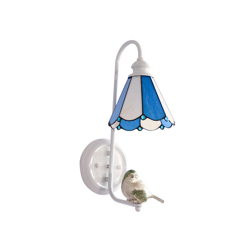 Frendorf | 1 Kopf Schlafzimmer Wandlicht Mediterran Blau-Weiß/Beige/Blaue-Klar Wandleuchte mit Kegel/Dome Buntglasschirm