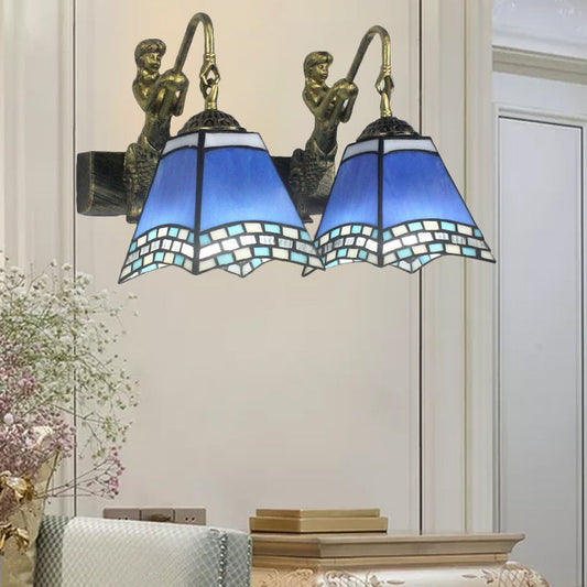 Frendorf | 2 Köpfe Pyramiden Wandleuchte Mediterran Blau Glas Wandlampe für Schlafzimmer