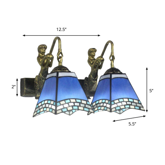 Frendorf | 2 Köpfe Pyramiden Wandleuchte Mediterran Blau Glas Wandlampe für Schlafzimmer
