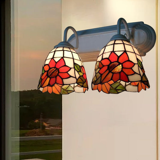 Frendorf | Glas-in-lood Oranje Wandlamp Fixture Zonnebloem 2 Koppen Victoriaanse Wandlamp