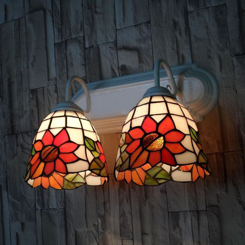 Frendorf | Glas-in-lood Oranje Wandlamp Fixture Zonnebloem 2 Koppen Victoriaanse Wandlamp