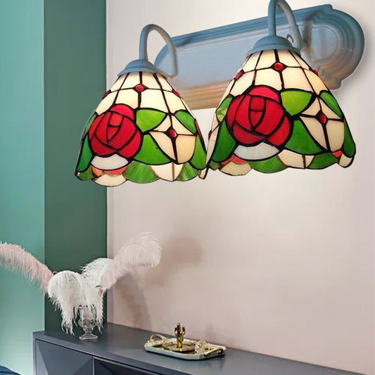 Frendorf | Rose Wandlampe Viktorianisches Buntglas 2 Köpfe Rote Wandleuchte
