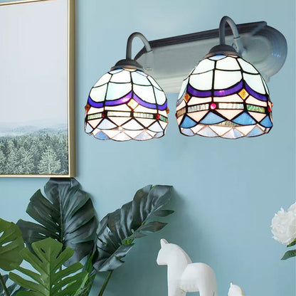 Frendorf | Barock Wandbeleuchtung mit Schalen-Schirm aus Buntglas 2 Köpfe Wandleuchte in Blau für Wohnzimmer