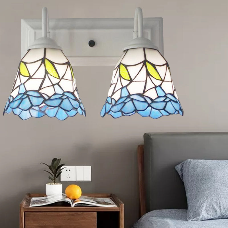 Frendorf | 2 Köpfe Flared Wandbeleuchtung Tiffany-Blau Buntglas Wandleuchte für Schlafzimmer