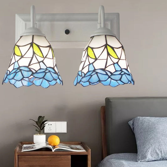 Frendorf | 2 Köpfe Flared Wandbeleuchtung Tiffany-Blau Buntglas Wandleuchte für Schlafzimmer
