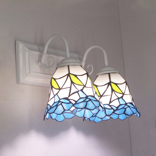 Frendorf | 2 Köpfe Flared Wandbeleuchtung Tiffany-Blau Buntglas Wandleuchte für Schlafzimmer