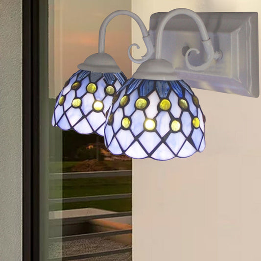 Frendorf | Globale Wandleuchte mit Perlen Tiffany-Stil 2 Lichter Buntglas Wandleuchte in Himmelblau/Blau für Schlafzimmer
