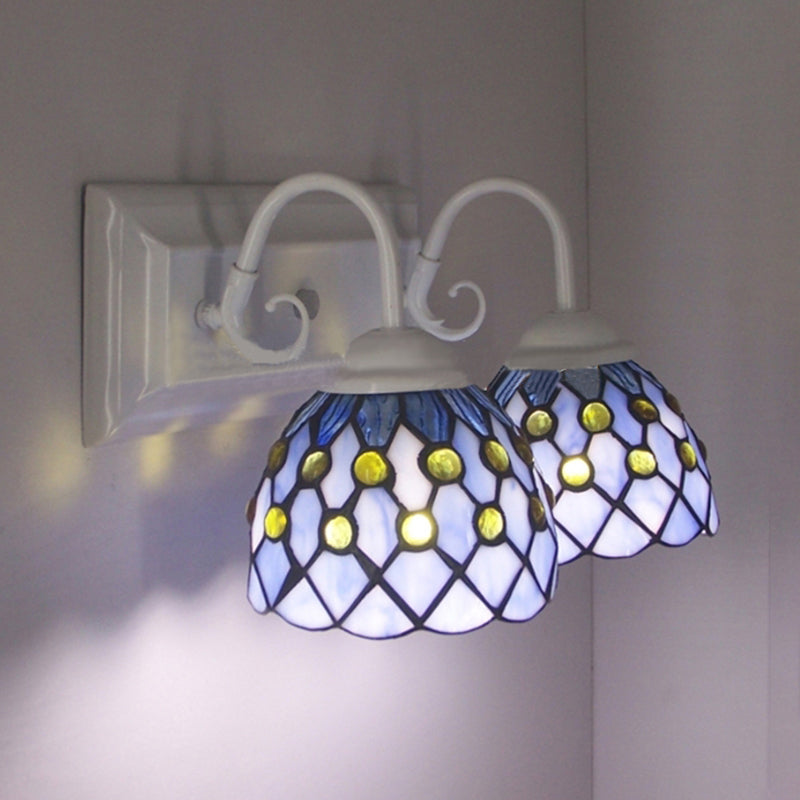 Frendorf | Globale Wandleuchte mit Perlen Tiffany-Stil 2 Lichter Buntglas Wandleuchte in Himmelblau/Blau für Schlafzimmer