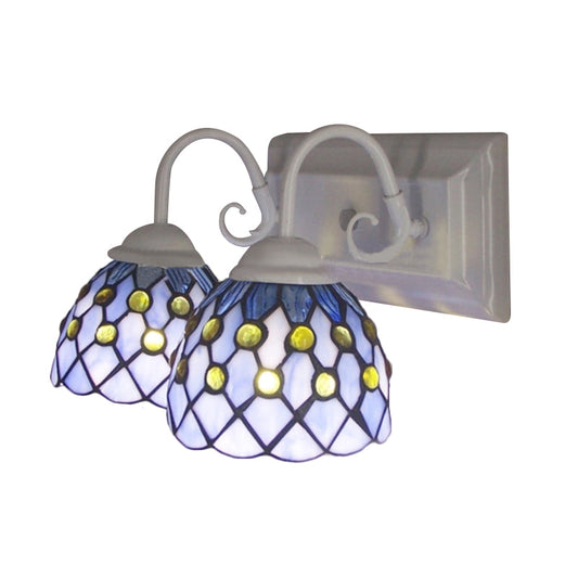Frendorf | Globale Wandleuchte mit Perlen Tiffany-Stil 2 Lichter Buntglas Wandleuchte in Himmelblau/Blau für Schlafzimmer