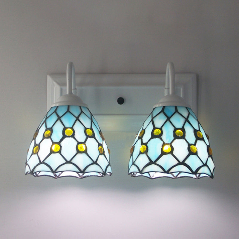 Frendorf | Globale Wandleuchte mit Perlen Tiffany-Stil 2 Lichter Buntglas Wandleuchte in Himmelblau/Blau für Schlafzimmer