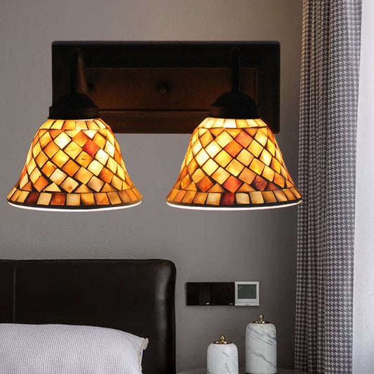 Frendorf | Bell Wandleuchte Tiffany Shell 2 Köpfe Beige Wandmontierte Leuchte für Schlafzimmer