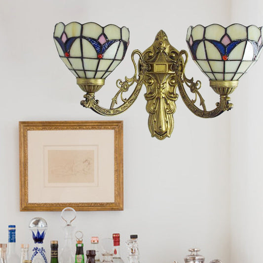 Frendorf | Barokke Kom Wandlamp Fixture met Gegraveerde Arm Gevlochten Glas 2 Koppen Wandverlichting in Blauw/Beige voor Bibliotheek