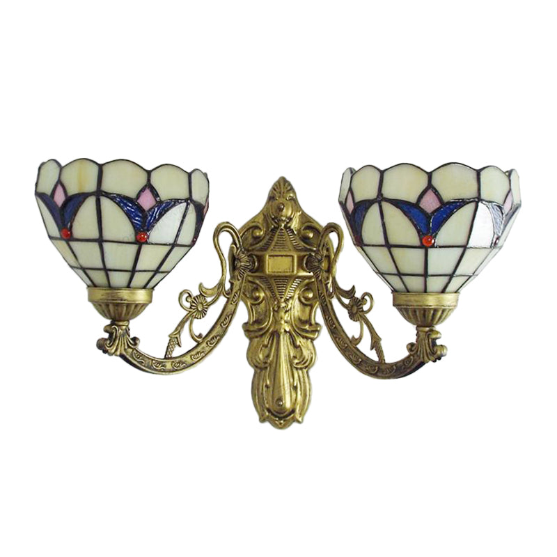 Frendorf | Barokke Kom Wandlamp Fixture met Gegraveerde Arm Gevlochten Glas 2 Koppen Wandverlichting in Blauw/Beige voor Bibliotheek