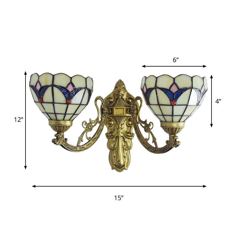 Frendorf | Barokke Kom Wandlamp Fixture met Gegraveerde Arm Gevlochten Glas 2 Koppen Wandverlichting in Blauw/Beige voor Bibliotheek