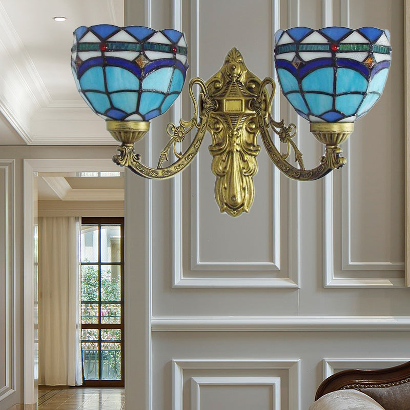 Frendorf | Barokke Kom Wandlamp Fixture met Gegraveerde Arm Gevlochten Glas 2 Koppen Wandverlichting in Blauw/Beige voor Bibliotheek