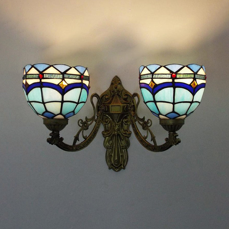 Frendorf | Barokke Kom Wandlamp Fixture met Gegraveerde Arm Gevlochten Glas 2 Koppen Wandverlichting in Blauw/Beige voor Bibliotheek