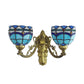 Frendorf | Barokke Kom Wandlamp Fixture met Gegraveerde Arm Gevlochten Glas 2 Koppen Wandverlichting in Blauw/Beige voor Bibliotheek