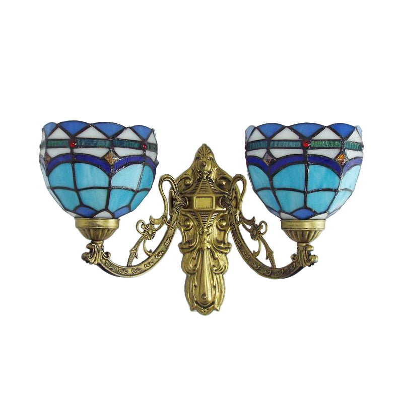 Frendorf | Barokke Kom Wandlamp Fixture met Gegraveerde Arm Gevlochten Glas 2 Koppen Wandverlichting in Blauw/Beige voor Bibliotheek