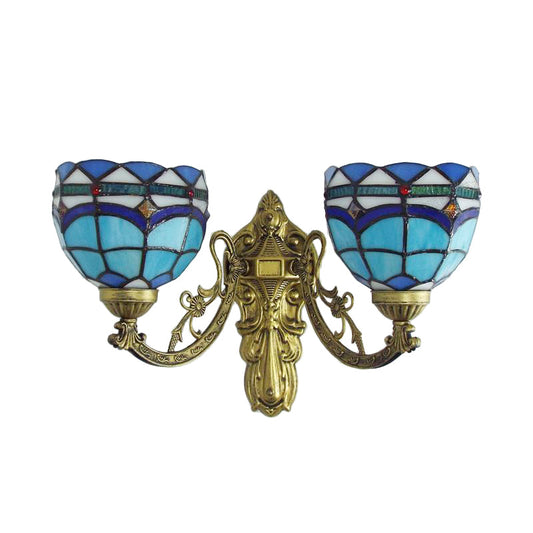 Frendorf | Barokke Kom Wandlamp Fixture met Gegraveerde Arm Gevlochten Glas 2 Koppen Wandverlichting in Blauw/Beige voor Bibliotheek