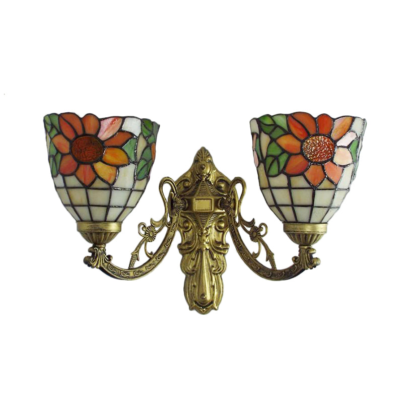 Frendorf | Glas-in-lood Zonnebloem Wandlamp Lodge Tiffany 2 Lichten Wandlamp in Groen/Beige voor Woonkamer