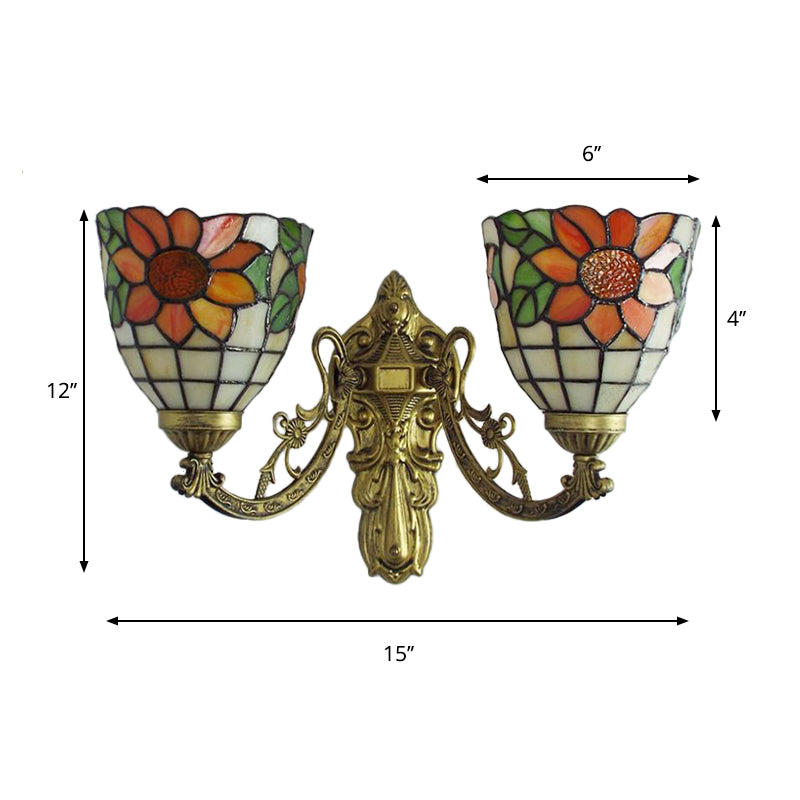 Frendorf | Glas-in-lood Zonnebloem Wandlamp Lodge Tiffany 2 Lichten Wandlamp in Groen/Beige voor Woonkamer