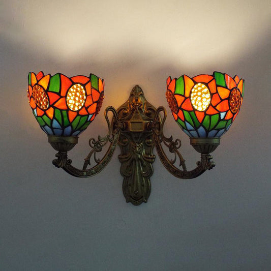 Frendorf | Glas-in-lood Zonnebloem Wandlamp Lodge Tiffany 2 Lichten Wandlamp in Groen/Beige voor Woonkamer