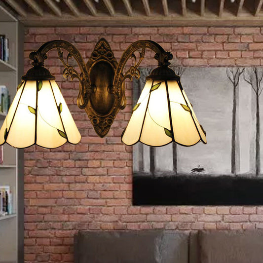 Frendorf | 2 Lichten Blad Wandmontage Licht met Gebogen Arm Lodge Stijl Gevlochten Glas Wandlamp in Beige