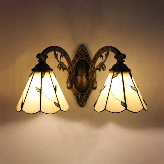 Frendorf | 2 Lichten Blad Wandmontage Licht met Gebogen Arm Lodge Stijl Gevlochten Glas Wandlamp in Beige