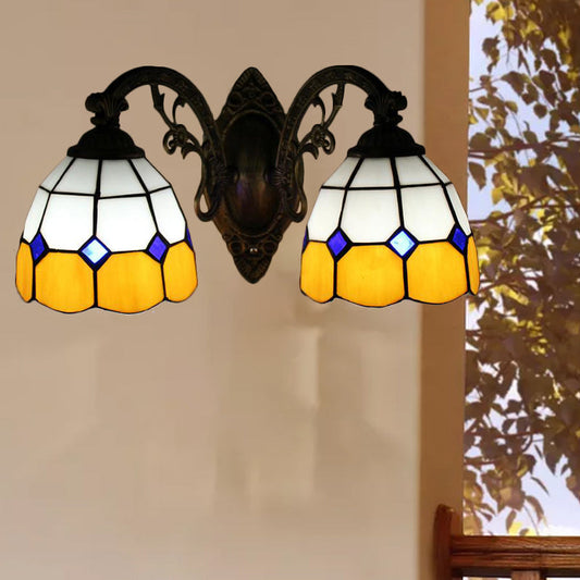Frendorf | Gekromde Arm Wandmontage Licht met Amber Glazen Kom Schaduw 2 Koppen Vintage Wandlicht in Geel