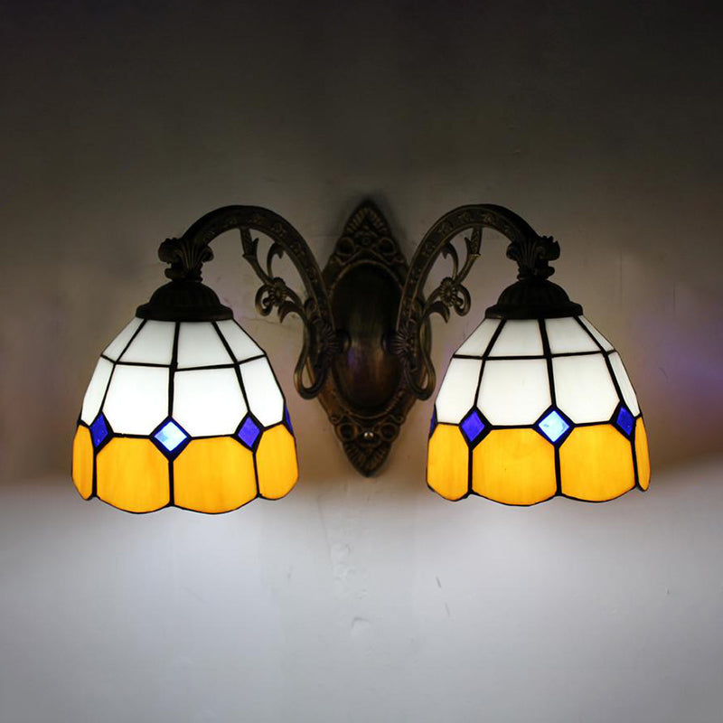 Frendorf | Gekromde Arm Wandmontage Licht met Amber Glazen Kom Schaduw 2 Koppen Vintage Wandlicht in Geel