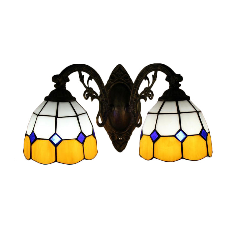 Frendorf | Gekromde Arm Wandmontage Licht met Amber Glazen Kom Schaduw 2 Koppen Vintage Wandlicht in Geel
