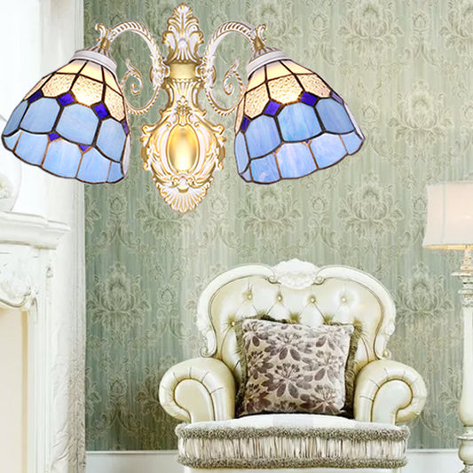 Frendorf | Mediterranean Dome Wandmontage Licht Blaues Glas Schirm 2 Köpfe Wandlampe Beleuchtung für Restaurant