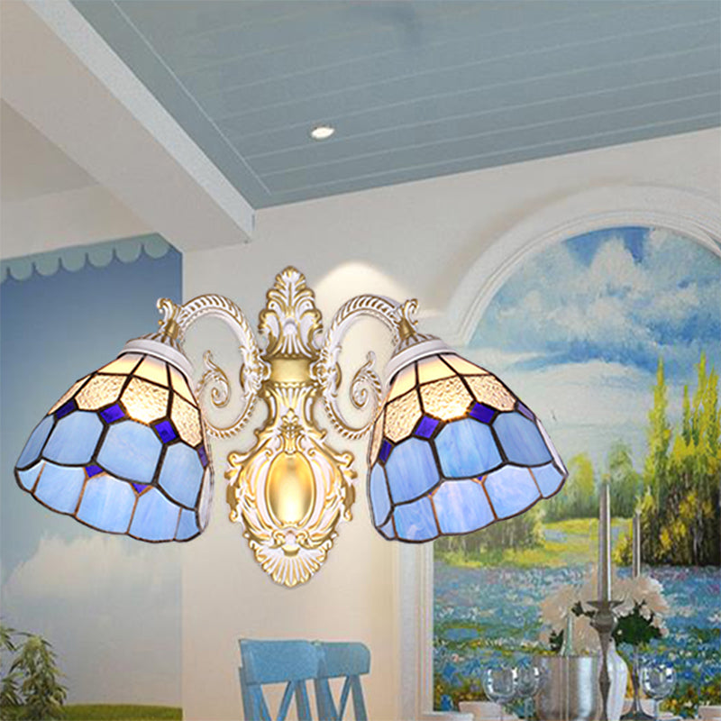 Frendorf | Mediterranean Dome Wandmontage Licht Blaues Glas Schirm 2 Köpfe Wandlampe Beleuchtung für Restaurant