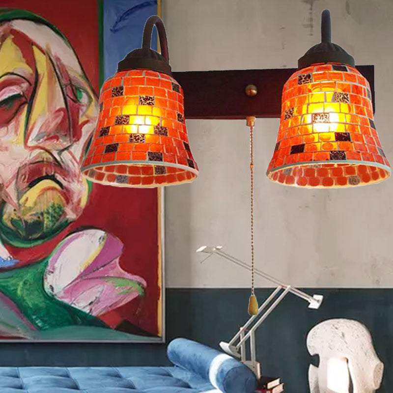Frendorf | Gestreepte Glazen Bel Wandgemonteerde Licht 2 Hoofden Geel/Roz/Oranje Wandlamp met Trekkoordschakelaar