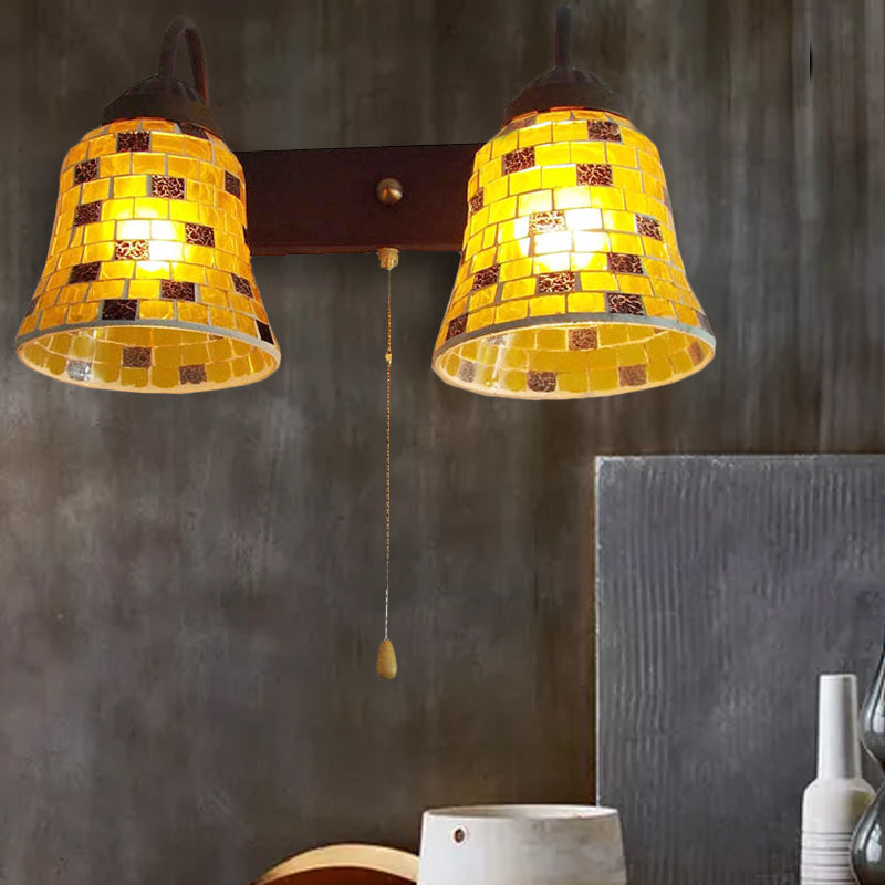 Frendorf | Gestreepte Glazen Bel Wandgemonteerde Licht 2 Hoofden Geel/Roz/Oranje Wandlamp met Trekkoordschakelaar