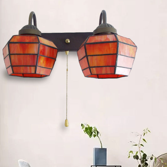 Frendorf | Lantern Wandlicht Armatuur Tiffany Glas-in-lood 2 Koppen Oranje Wandlamp met Trekschakelaar
