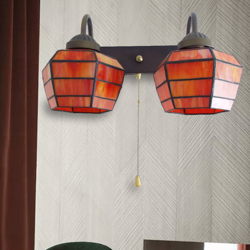 Frendorf | Lantern Wandlicht Armatuur Tiffany Glas-in-lood 2 Koppen Oranje Wandlamp met Trekschakelaar