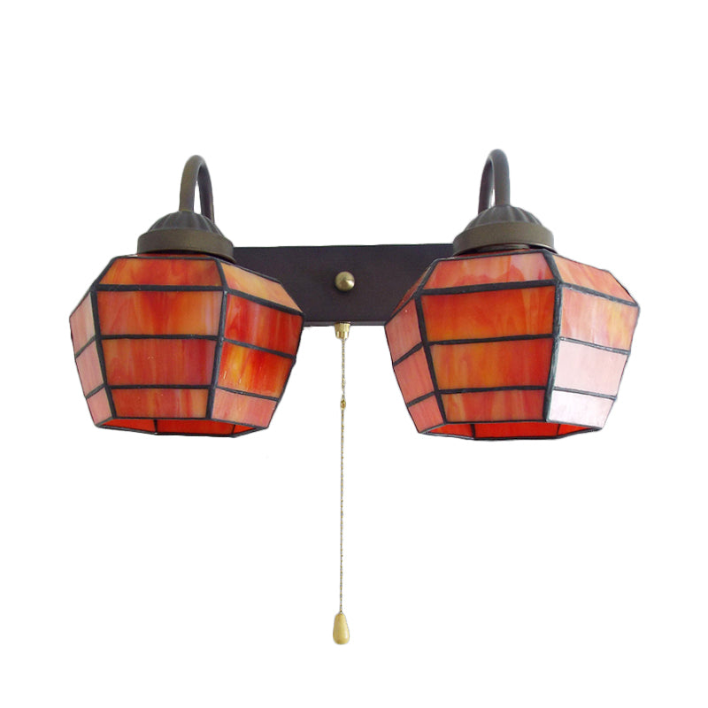 Frendorf | Lantern Wandlicht Armatuur Tiffany Glas-in-lood 2 Koppen Oranje Wandlamp met Trekschakelaar