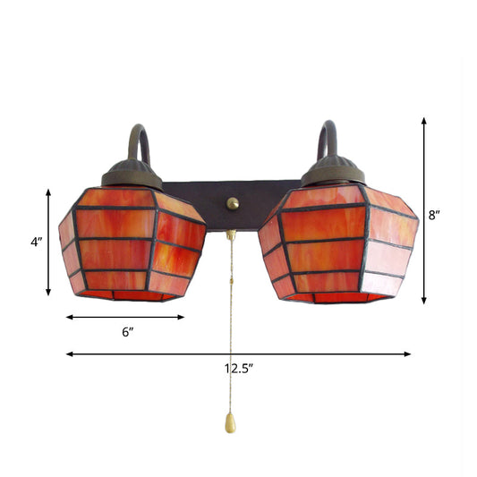 Frendorf | Lantern Wandlicht Armatuur Tiffany Glas-in-lood 2 Koppen Oranje Wandlamp met Trekschakelaar