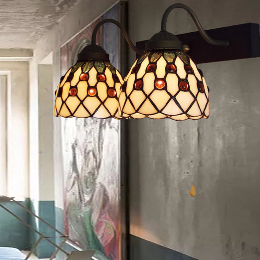 Frendorf | Beige Glas Zwarte Wandmontage Licht Koepel 2 Hoofden Tiffany Wandlamp Verlichting met Trekschakelaar