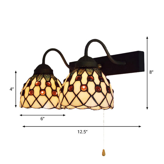 Frendorf | Beige Glas Zwarte Wandmontage Licht Koepel 2 Hoofden Tiffany Wandlamp Verlichting met Trekschakelaar