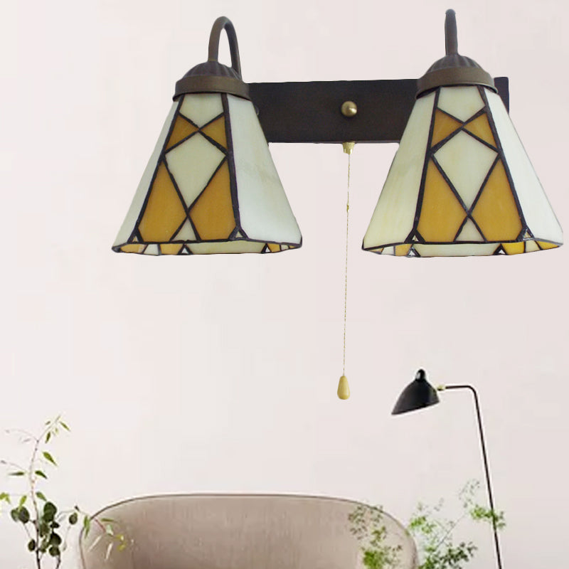 Frendorf | Konische Glasmalerei Wandlichtarmatur Tiffany 2 Köpfe Blau/Orange Wandleuchte mit Zugkette