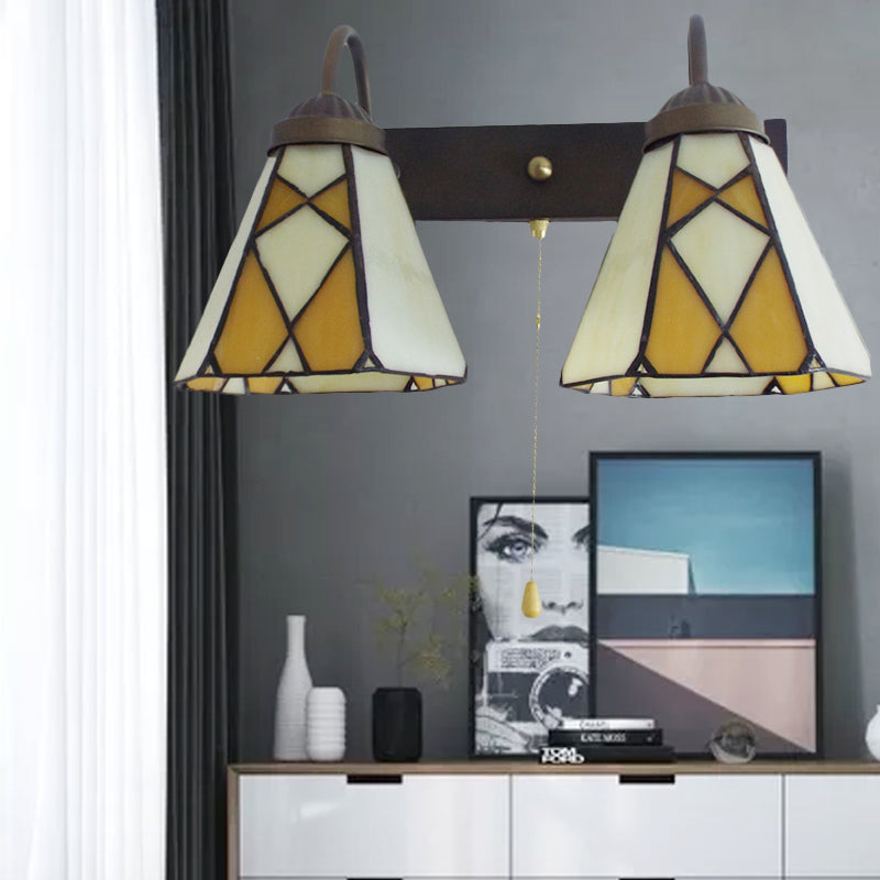 Frendorf | Konische Glasmalerei Wandlichtarmatur Tiffany 2 Köpfe Blau/Orange Wandleuchte mit Zugkette