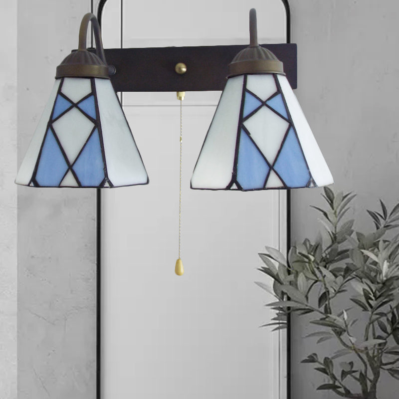 Frendorf | Konische Glasmalerei Wandlichtarmatur Tiffany 2 Köpfe Blau/Orange Wandleuchte mit Zugkette