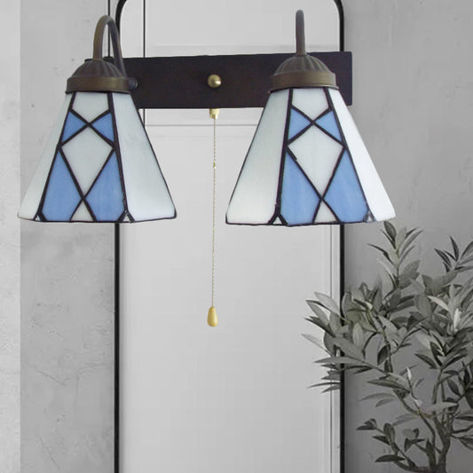 Frendorf | Konische Glasmalerei Wandlichtarmatur Tiffany 2 Köpfe Blau/Orange Wandleuchte mit Zugkette
