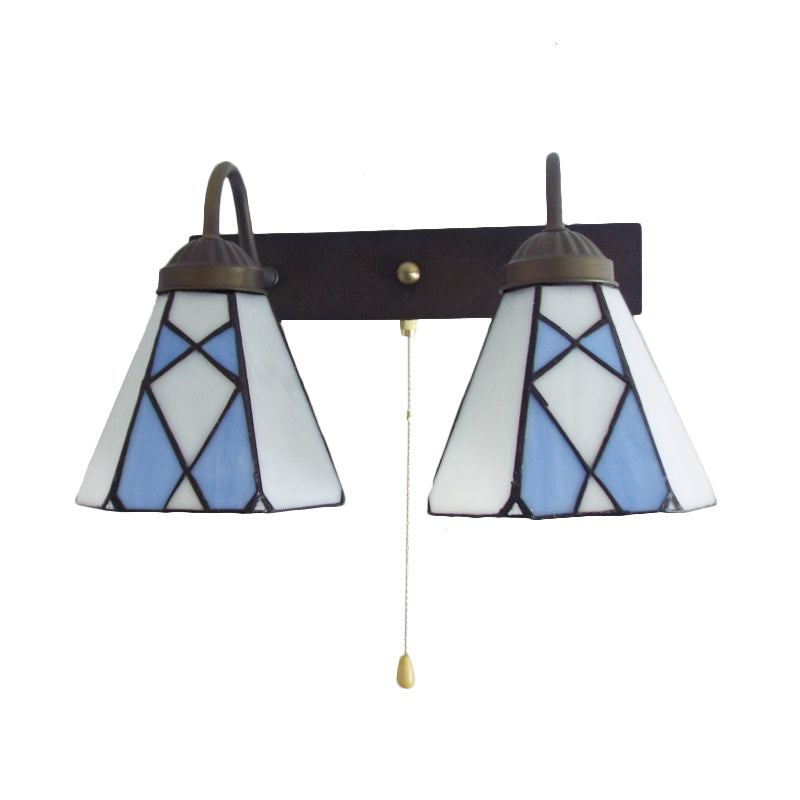 Frendorf | Konische Glasmalerei Wandlichtarmatur Tiffany 2 Köpfe Blau/Orange Wandleuchte mit Zugkette