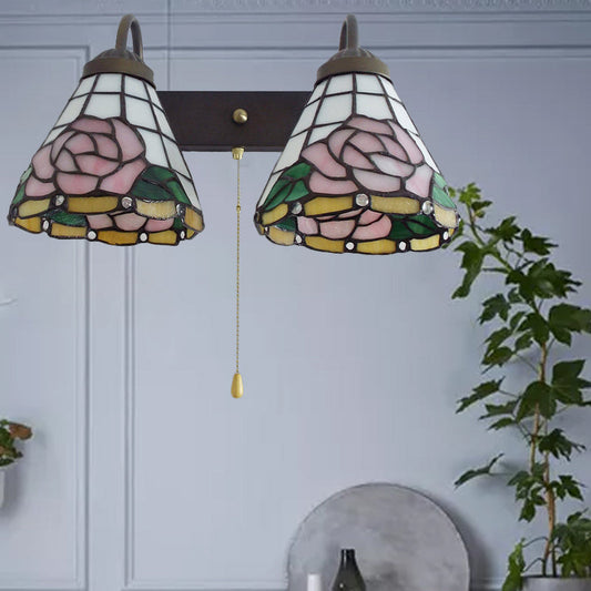 Frendorf | Roze Wandgemonteerde Licht Victorian Geanodiseerd Glas 2 Hoofden Roze Wandlamp met Trekschakelaar