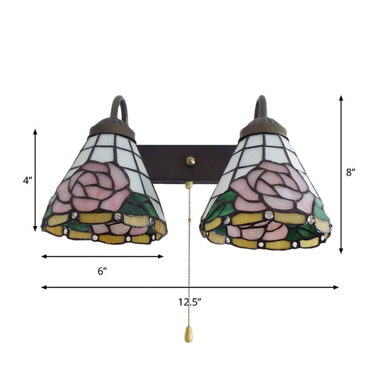 Frendorf | Roze Wandgemonteerde Licht Victorian Geanodiseerd Glas 2 Hoofden Roze Wandlamp met Trekschakelaar