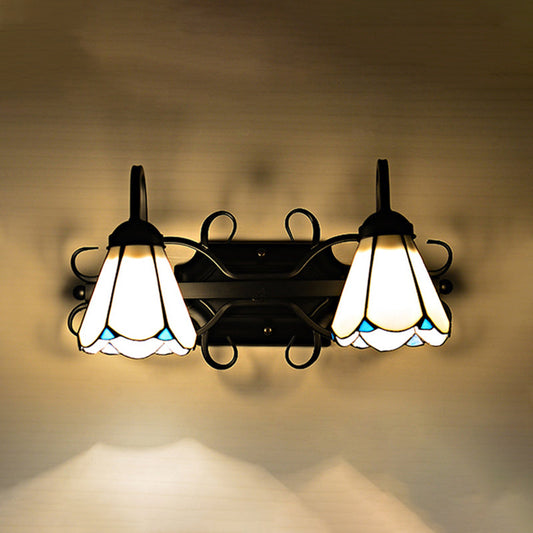 Frendorf | Witte Glazen Conische Wandlamp Vintage Stijl 2 Lichten Slaapkamer Wandverlichting in Zwart voor Entree