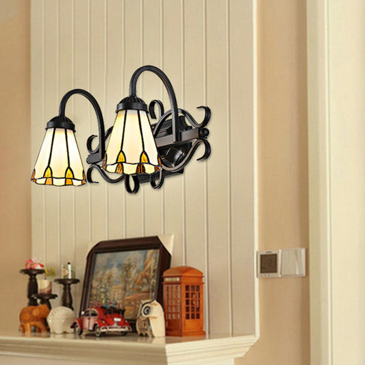 Frendorf | Vintage Retro Cone Sconce Licht mit Gänsehälse Buntglas 2 Köpfe Wandlicht in Beige für Schlafzimmer